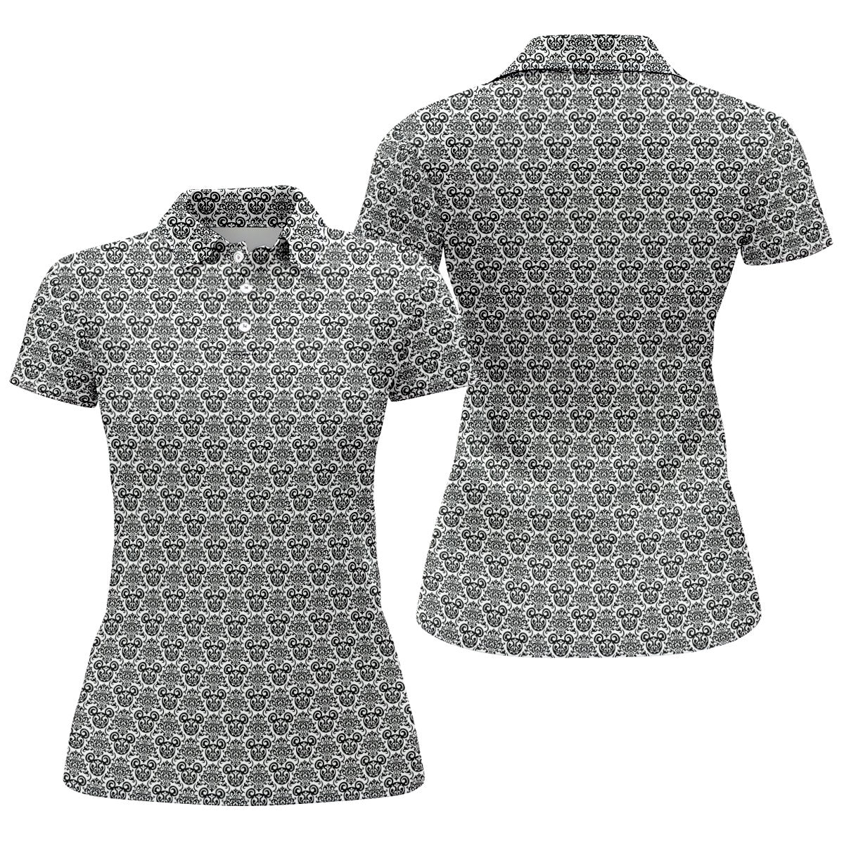 Vintage Monochrome Damask Golf Polo Shirt, Golf Polo For Women, Ladies Golf Top
