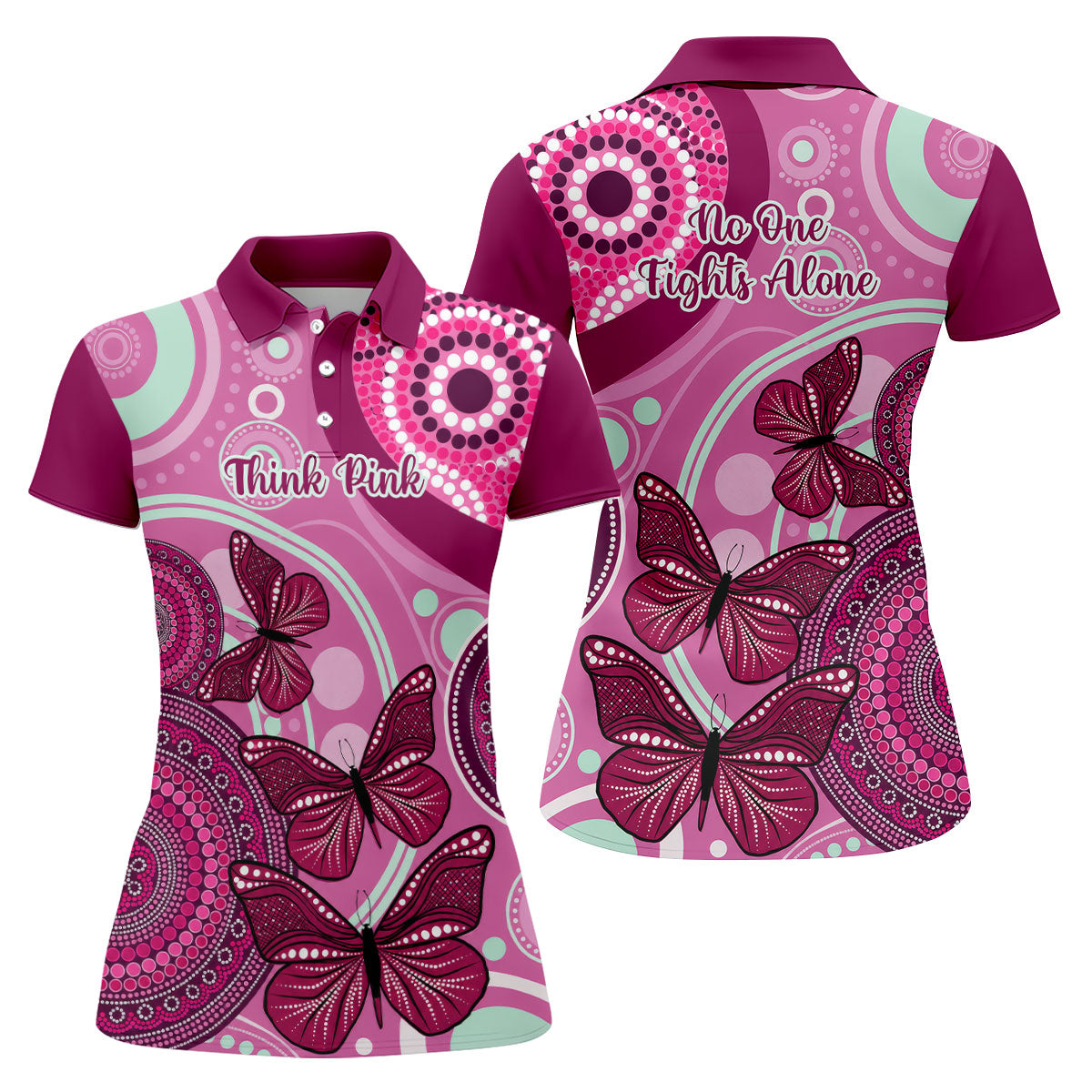 Think Pink No One Fights Alone Breast Cancer Shirt, Women’s Golf Polo, Ladies Golf Top