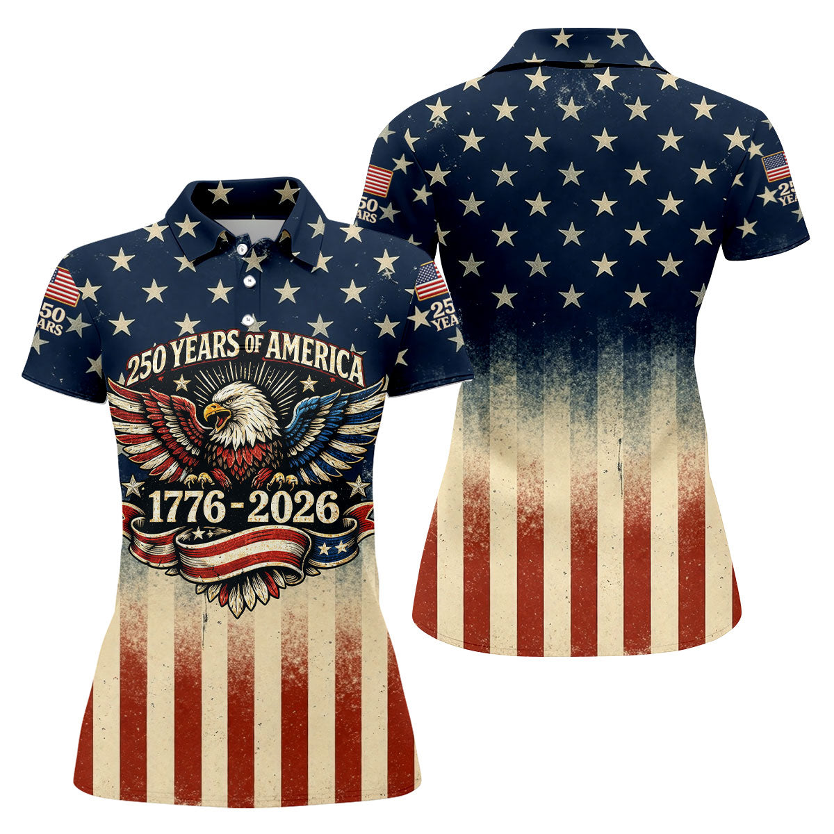 250 Years Bald Eagle US Flag Retro Golf Shirt, Patriotic 4th Of July Golf Shirt For Women