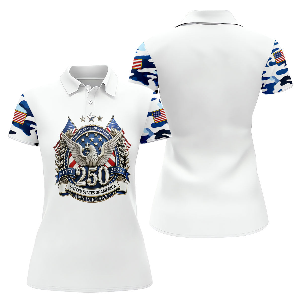 Patriotic Bald Eagle Blue And White Camo White Golf Shirt, 250th Anniversary Women's Golf Shirts