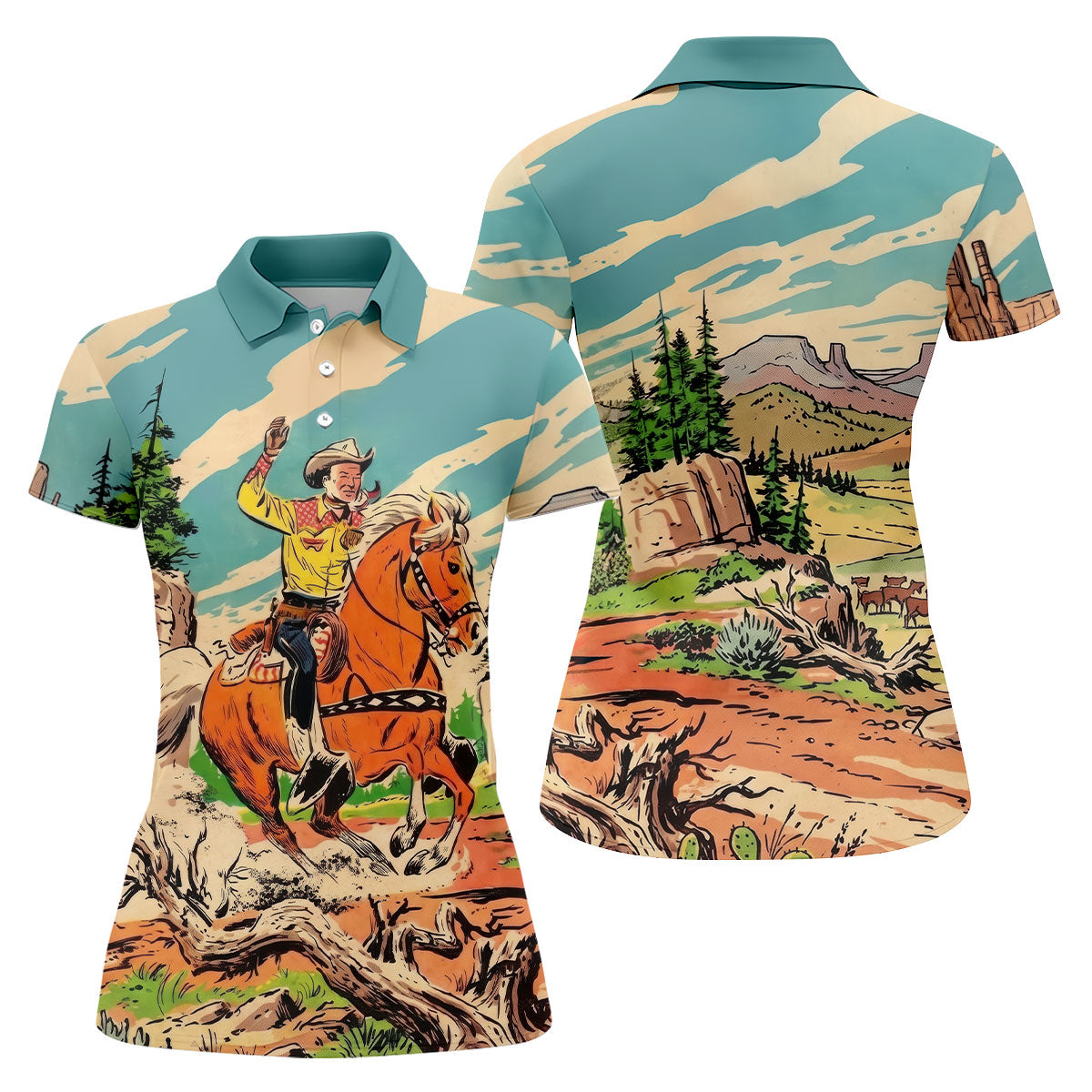 Vintage Cowboy Horse Riding Golf Polo Shirt, Golf Shirts For Women, Ladies Golf Tops