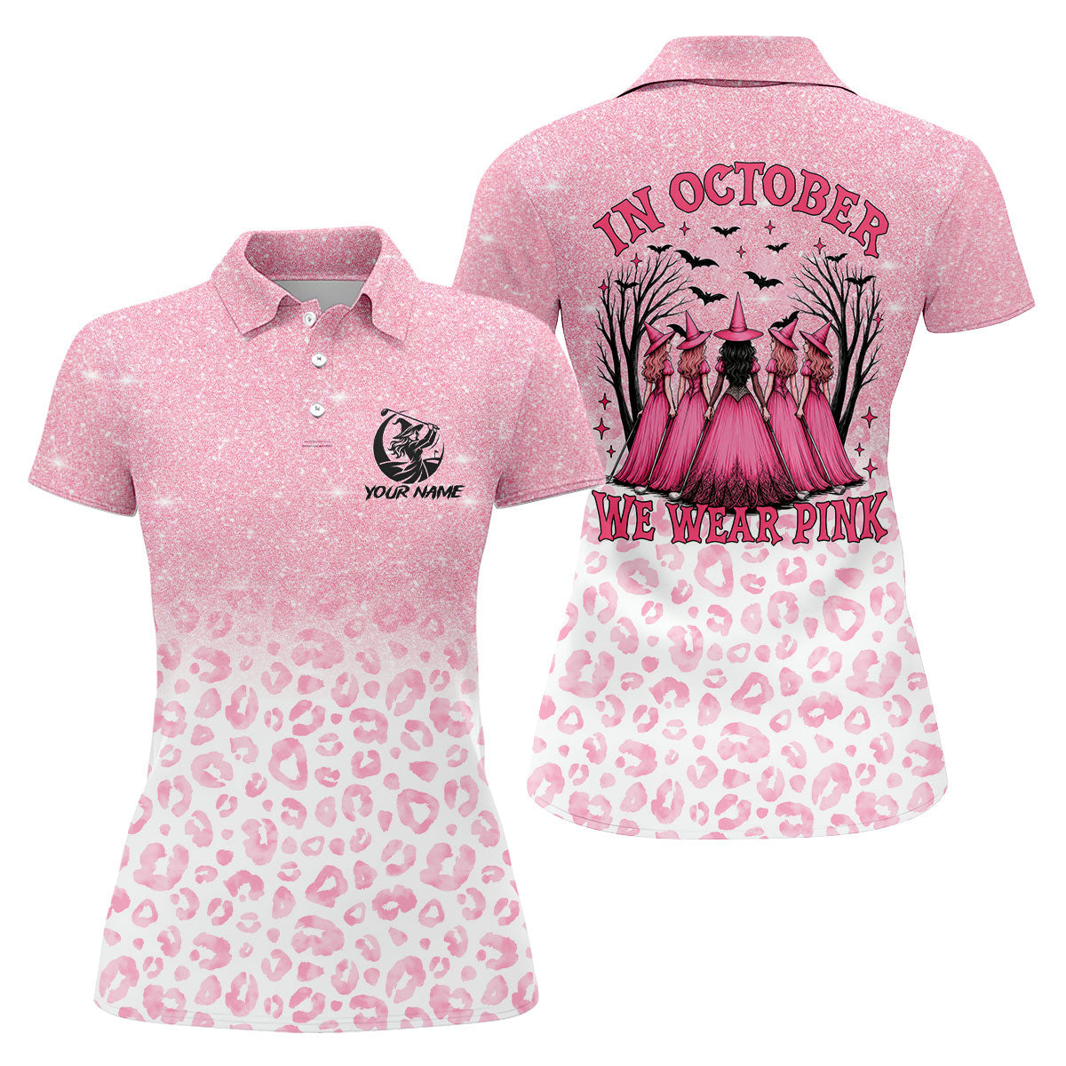 Custom Name In October We Wear Pink Halloween Golf Shirt, Women's Golf Polo, Ladies Golf Top