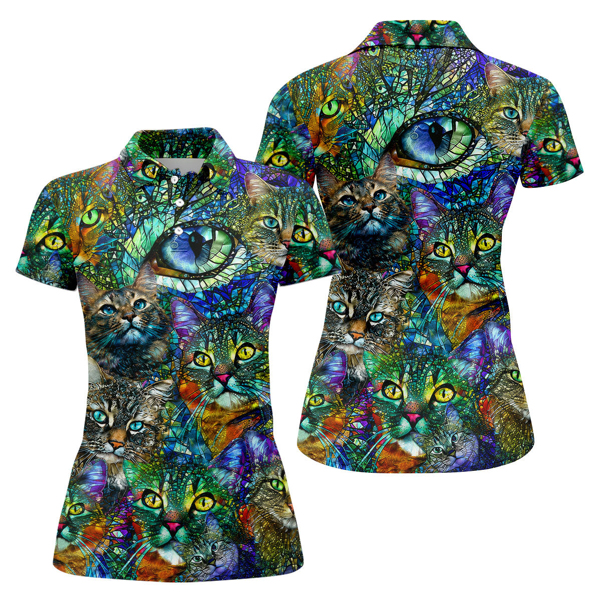 Colorful Stained Glass Cat Art Golf Polo Shirt, Golf Shirts For Women, Women's Golf Polo