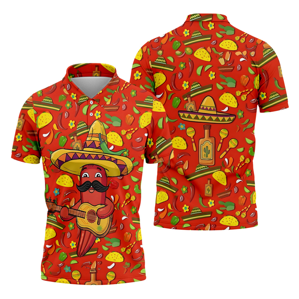 Cartoon Chili Pepper Mexican Guitar Cinco De Mayo Celebration Fiesta Themed Golf Shirts For Men