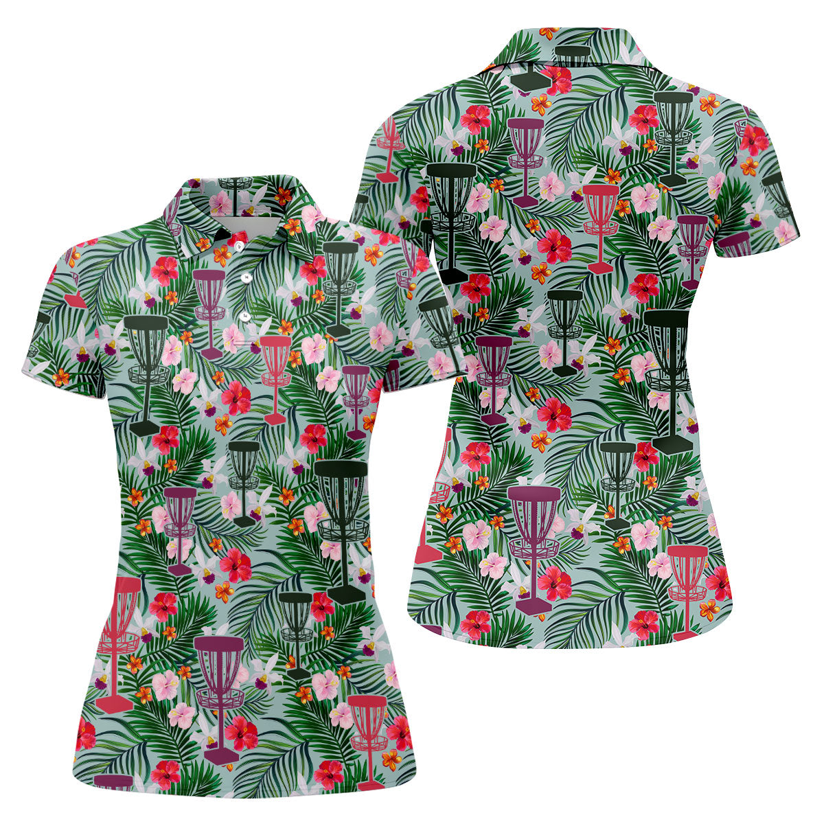 Tropical Disc Golf Basket Floral Polo Shirt, Golf Shirts For Women, Women’s Golf Polo
