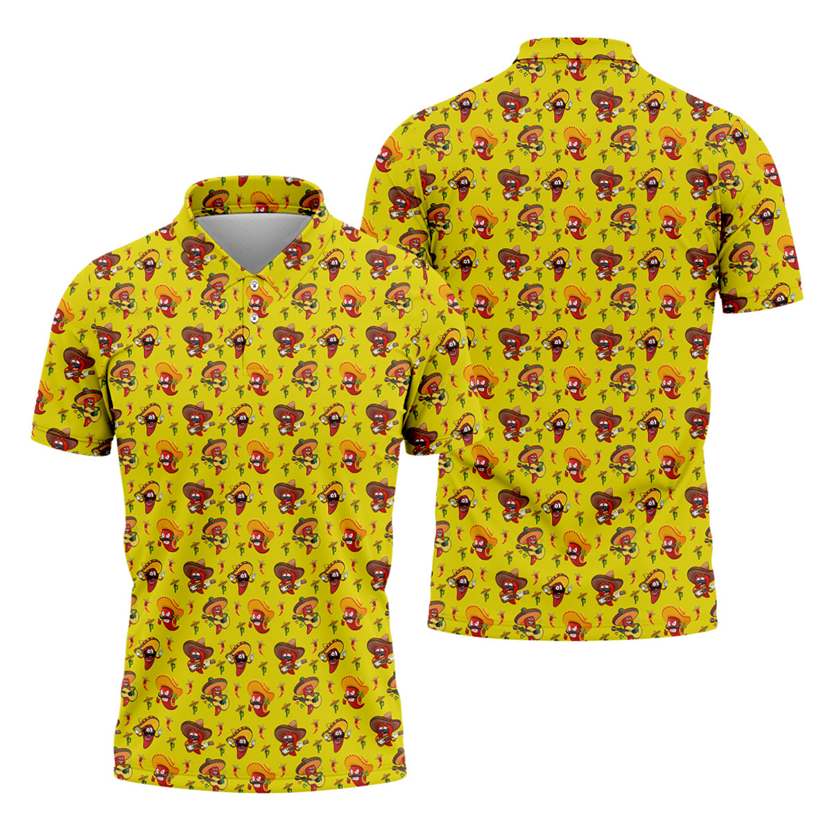 Cartoon Chili Pepper Mexican Sombrero Cinco De Mayo Celebration Fiesta Themed Golf Shirts For Men