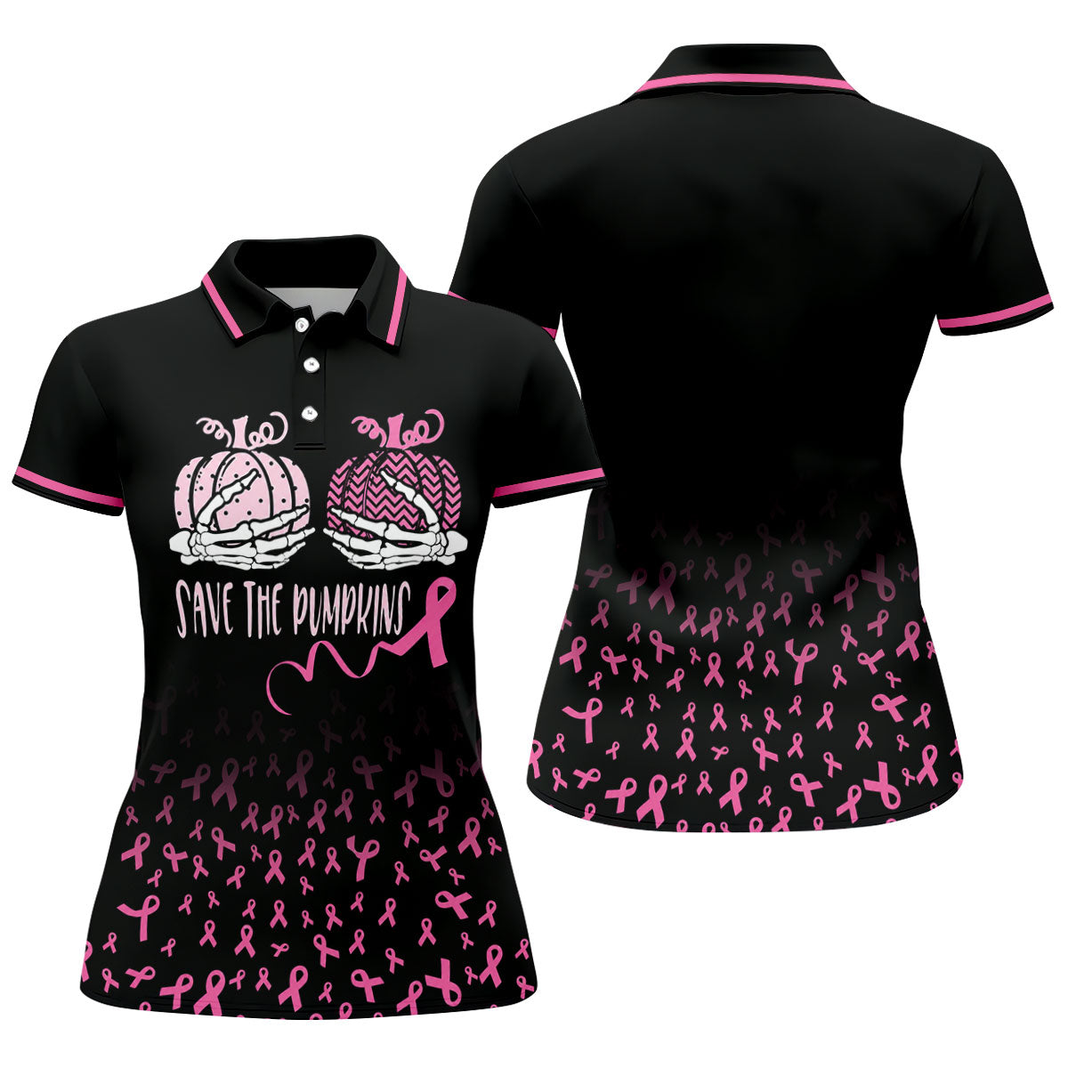 Save The Pumpkins Skeleton Breast Cancer Polo Shirt, Womens Golf Tops, Printed Golf Shirt
