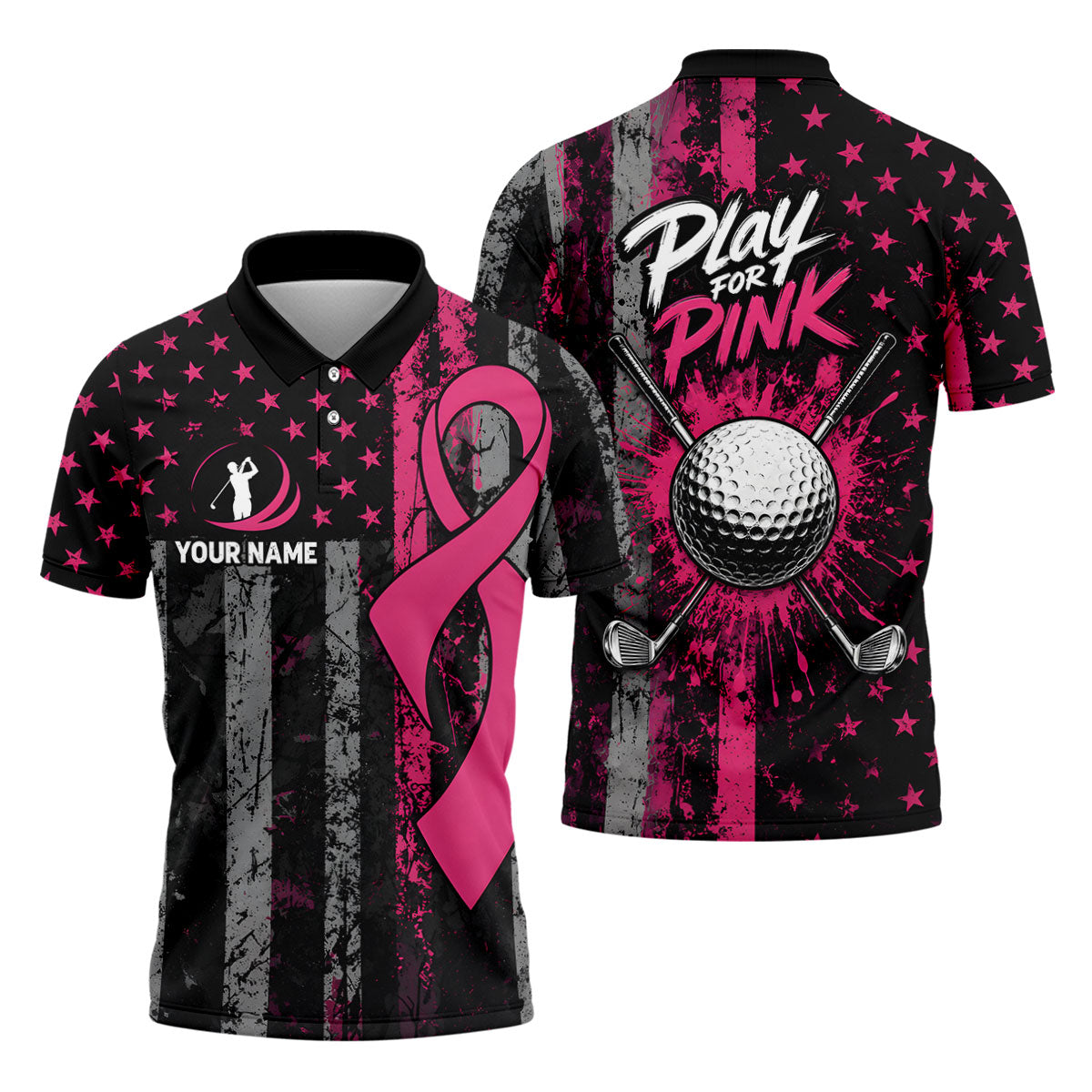 Custom Play For Pink Breast Cancer Golf Polo Shirt, Men's Golf Shirt, Printed Golf Shirts