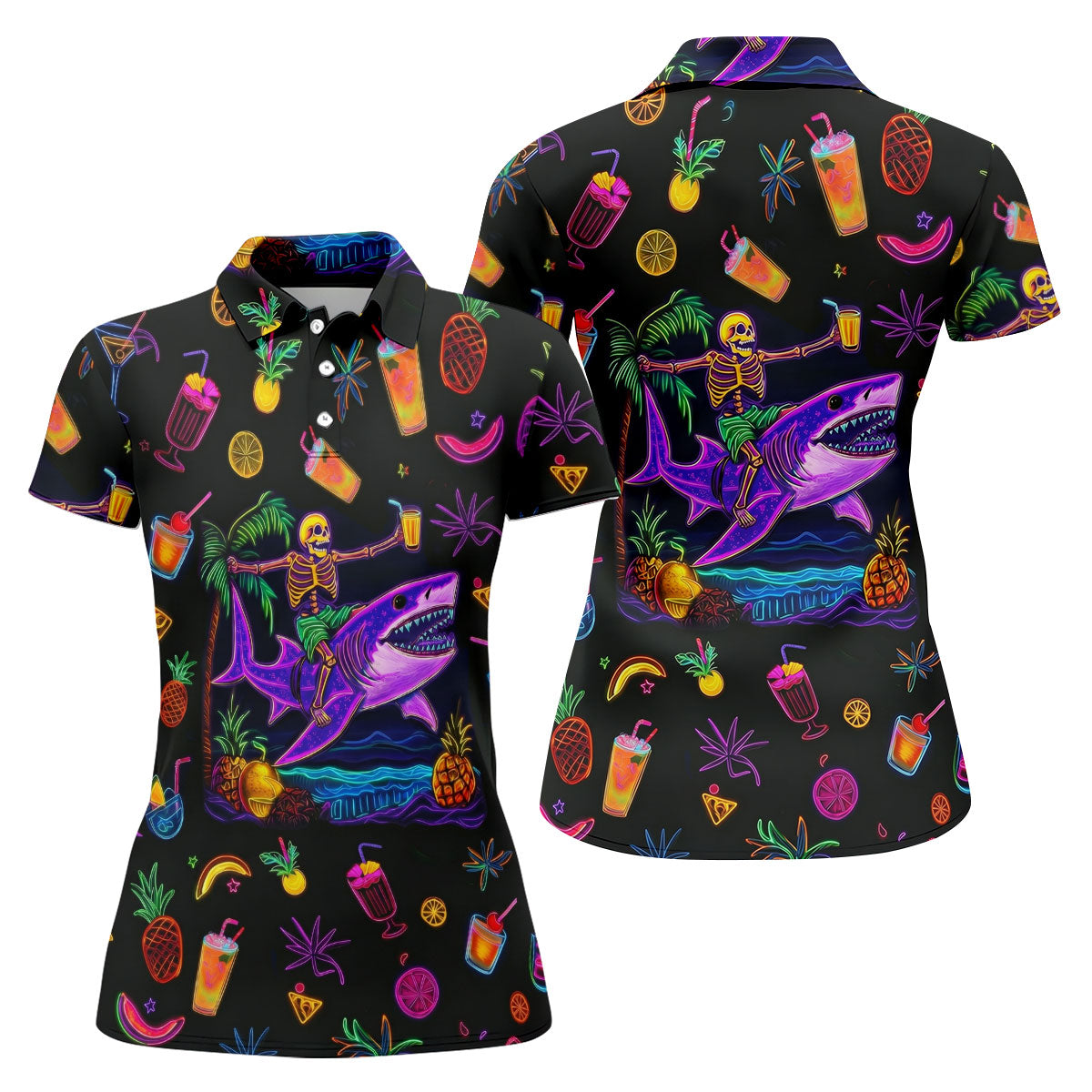Neon Shark Beach Party Pattern Golf Shirt, Women's Golf Shirt, Hawaiian Golf Shirt, Golf Polo For Women