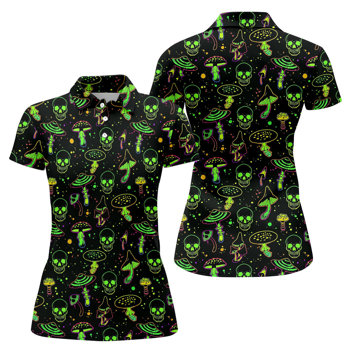 Mushroom And Skull Neon Pattern Hawaiian Golf Shirt, Fun Golf Shirt, Women's Golf Tops