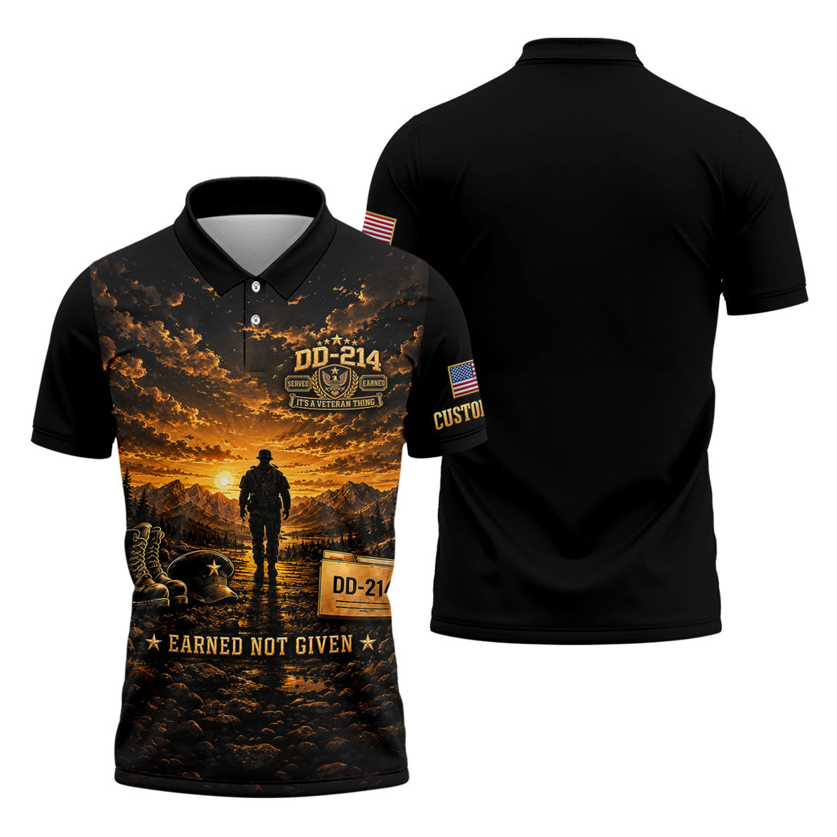 Custom DD-214 Sunset Soldier Golf Polo Shirt, Veterans Day Shirt, Mens Golf Shirts