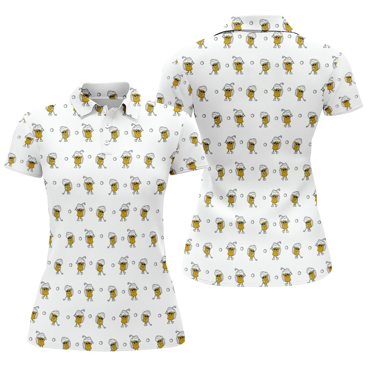 Cartoon Beer Mug Golfer Pattern Golf Polo Shirt, Women’s Golf Polo, Ladies Golf Shirts