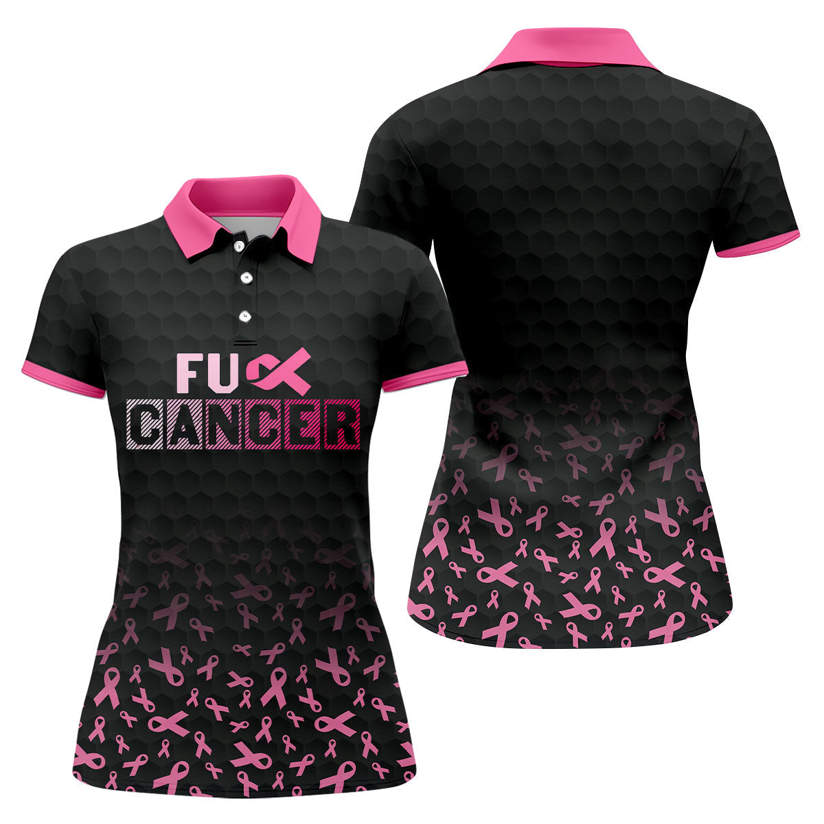 Fuck Cancer Black Pink Ribbon Breast Cancer Polo Shirt, Women's Golf Tops, Ladies Golf Top