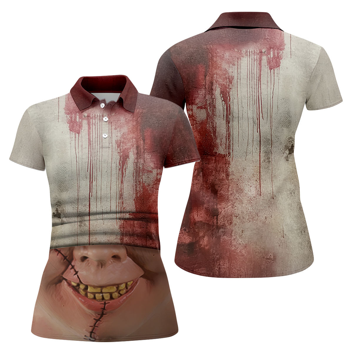 Stitched Face Horror Character Halloween Polo Shirt, Women’s Golf Polo, Ladies Golf Tops