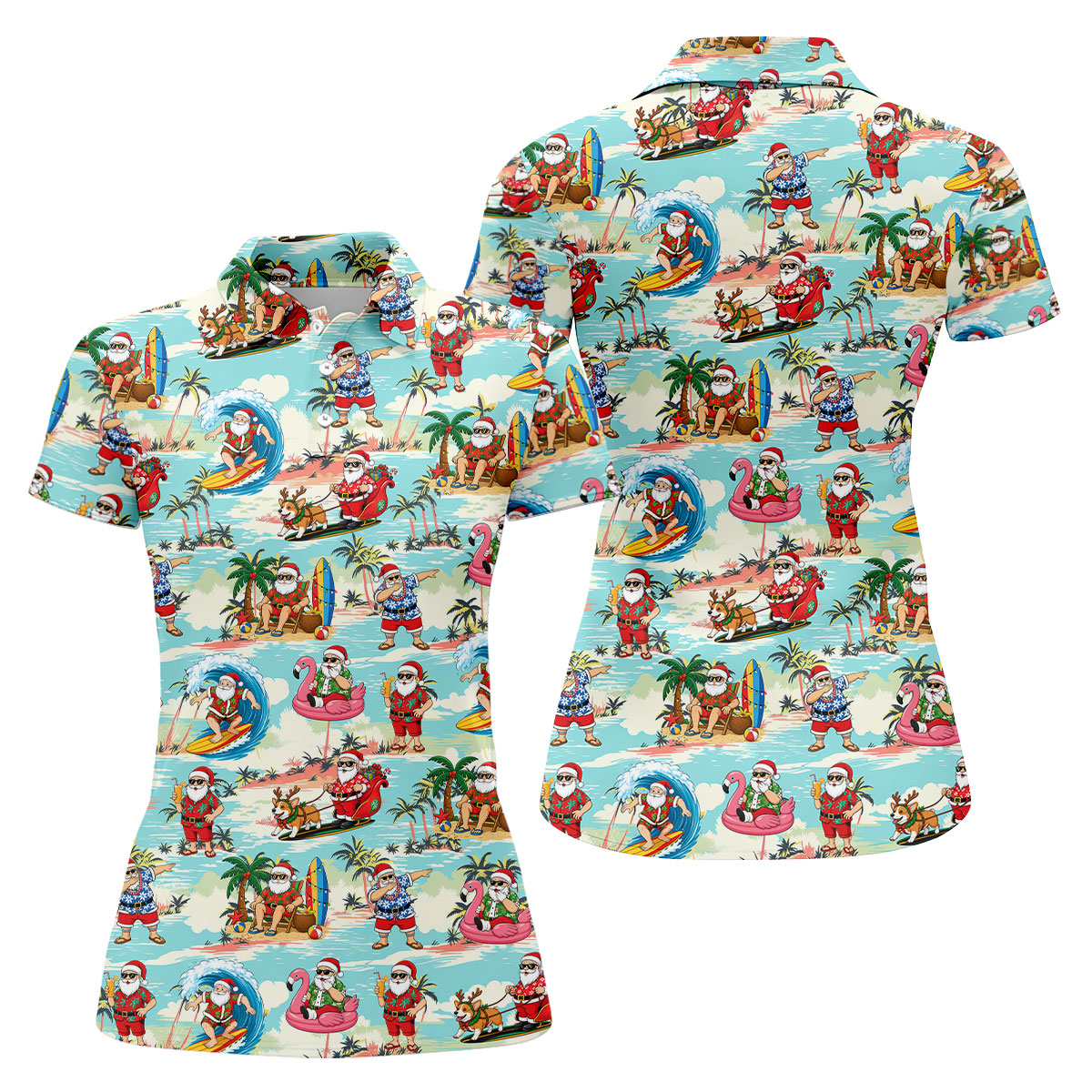 Funny Tropical Santa Beach Christmas Polo Shirt, Womens Golf Polo, Hawaiian Golf Shirt