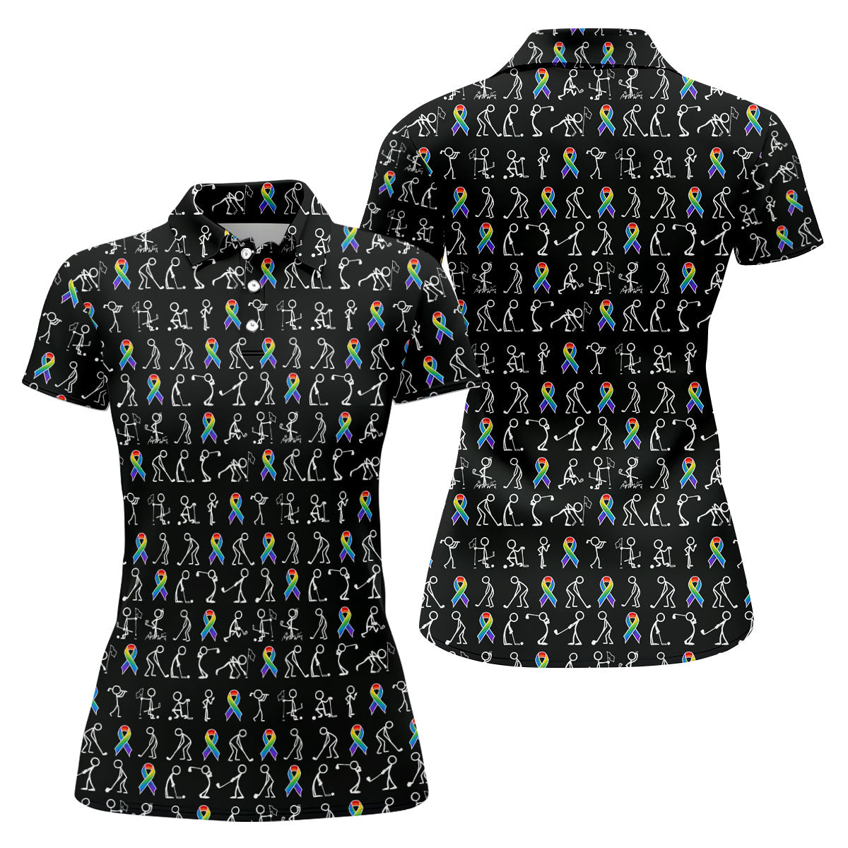 Rainbow Cancer Ribbon Stick Figure Golf Pattern Shirt, Women’s Golf Polo, Ladies Golf Tops