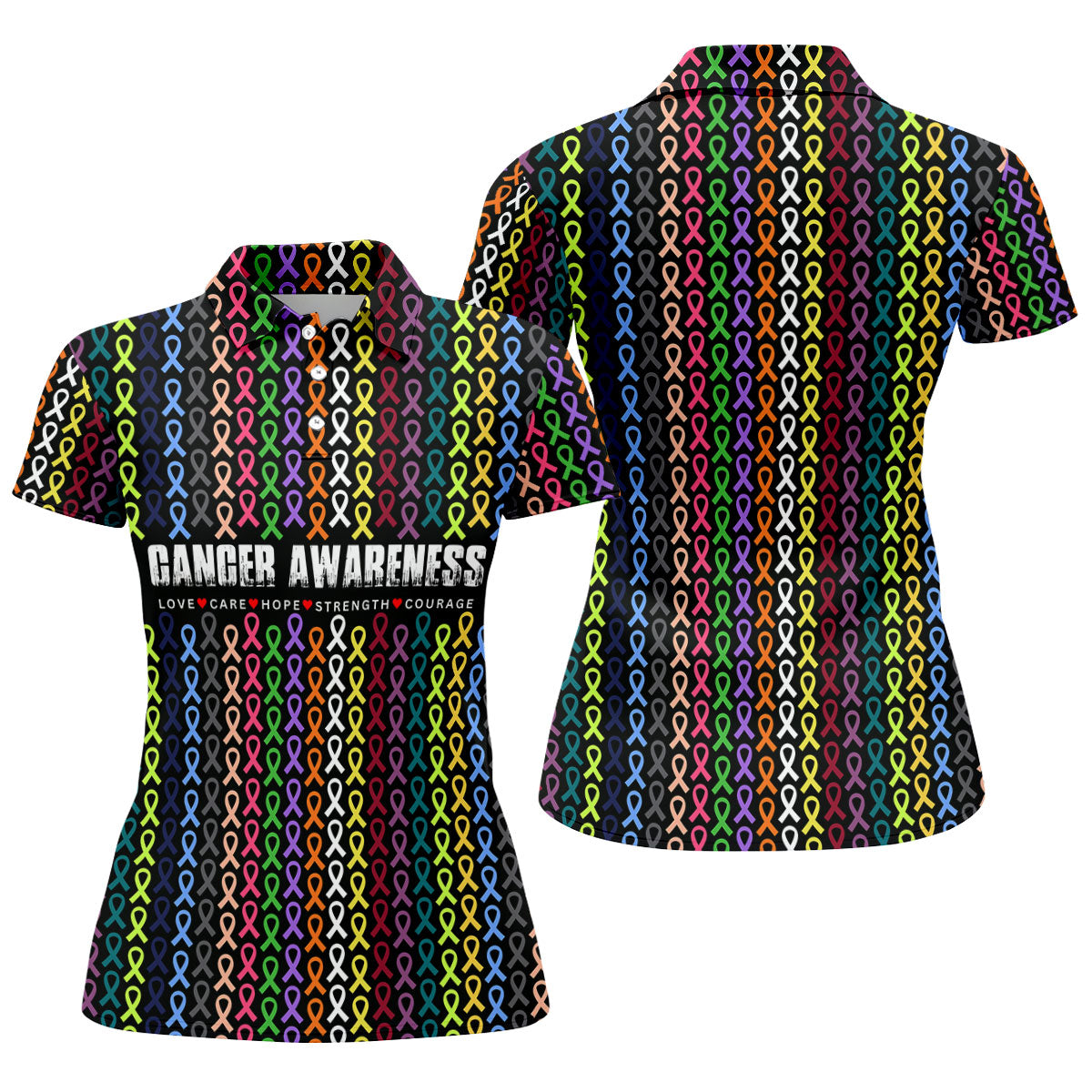 Multicolor Ribbon Cancer Awareness Polo Shirt, Womens Golf Tops, Women's Golf Apparel