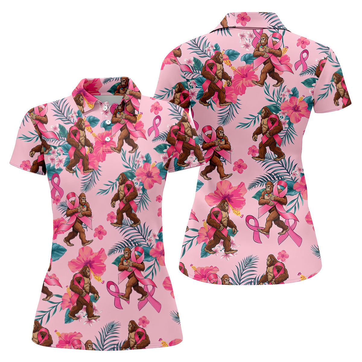 Bigfoot Pink Ribbon Floral Breast Cancer Polo Shirt, Women’s Golf Polo, Ladies Golf Top