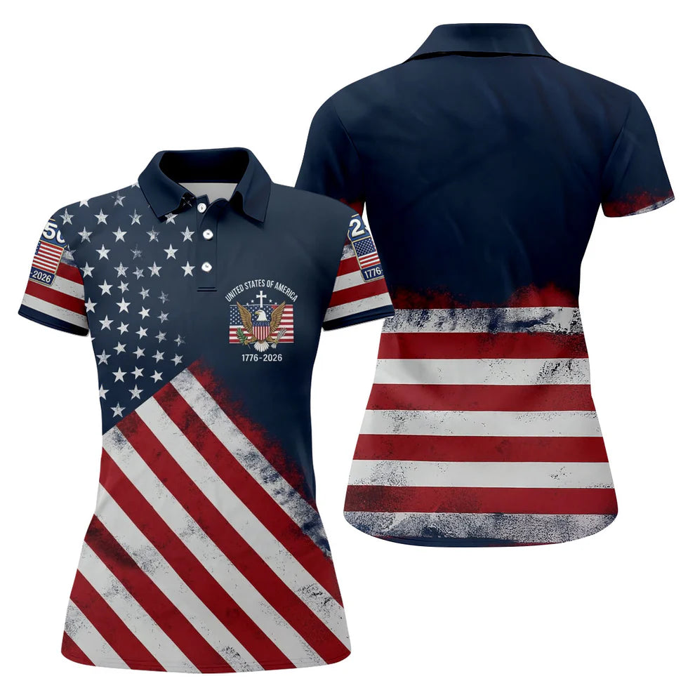 US Bald Eagle Distressed Flag 250 Faith Cross Ladies Golf Tops, Patriotic 4th Of July Golf Shirt For Women