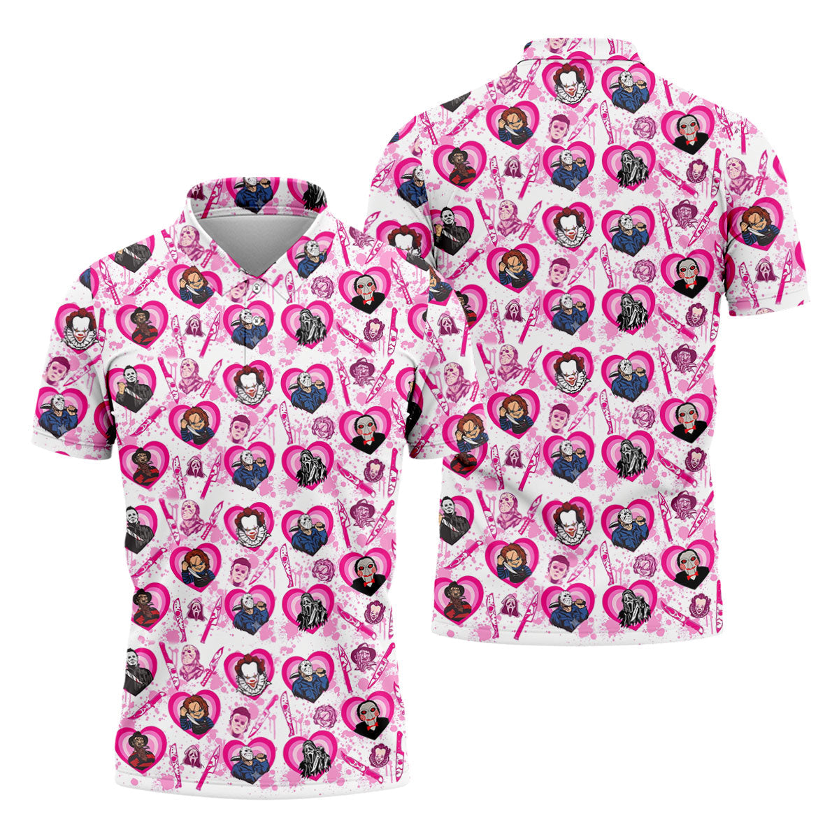 Pink Horror Character Pattern Golf Polo Shirt for Men Halloween Golf Apparel Printed Golf Shirts