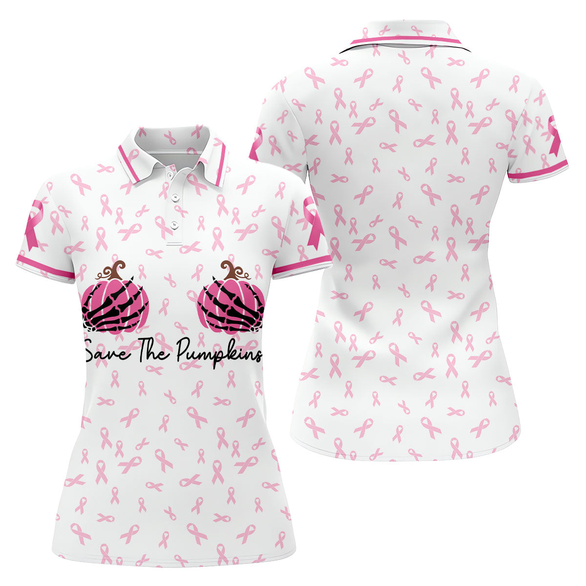 Save The Pumpkins Breast Cancer Ribbon Polo Shirt, Golf Tops For Women, Printed Golf Shirt