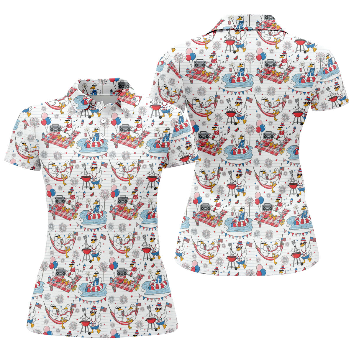 Funny Patriotic Duck Summer Party Polo Shirt, Womens Golf Polo, Golf Shirts For Women