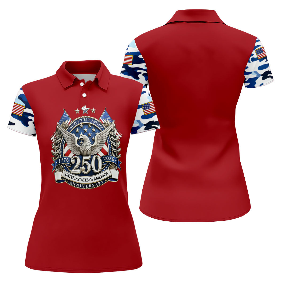 Patriotic Bald Eagle Blue And White Camo Red Golf Shirt, 250th Anniversary Women's Golf Shirts