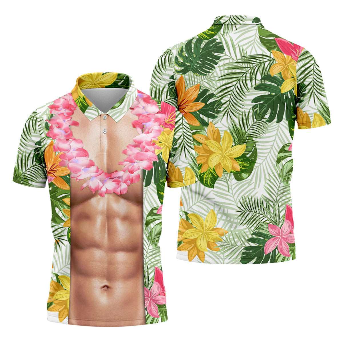 Light Skin Tropical Muscle Chest Hawaiian Golf Polo Shirt, Hawaiian Golf Shirt, Men's Golf Shirt