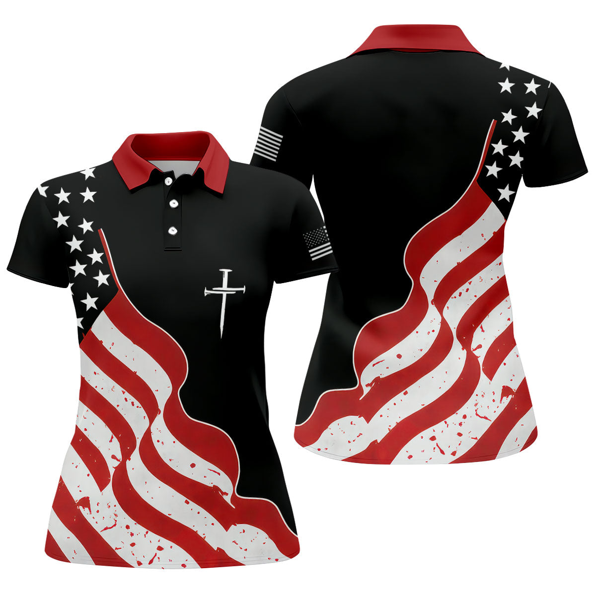 Faith Cross America 250th Anniversary 4th Of July Shirt, Patriotic Black Golf Shirt For Women