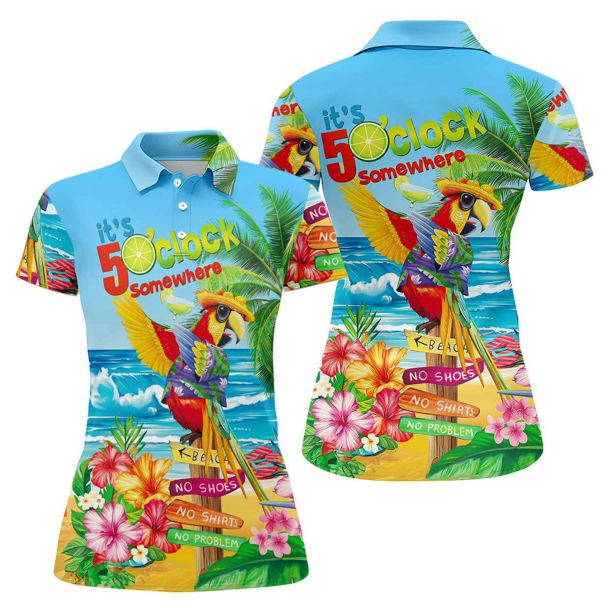 It's 5 O'Clock Somewhere Tropical Parrot Hawaiian Golf Shirt, Women's Golf Tops