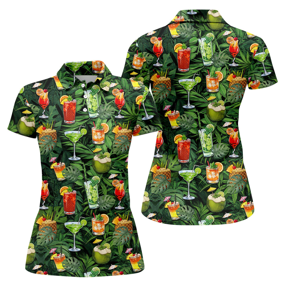 Tropical Cocktail Coconut And Palm Leaf Golf Polo, Hawaiian Golf Shirt, Golf Polo For Women
