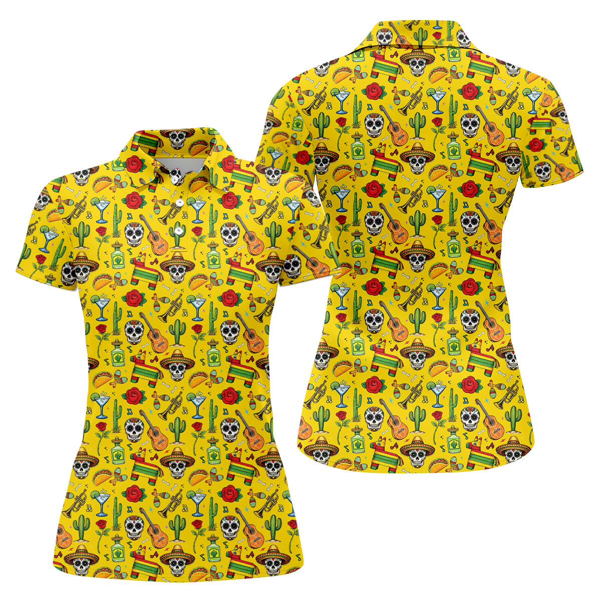 Decorated Skulls Party Items Cinco De Mayo Celebration Fiesta Themed Yellow Golf Shirt For Women