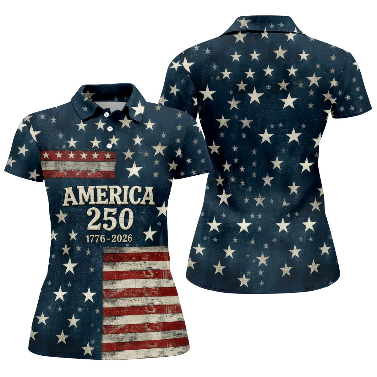 America 250 Distressed Flag 4th Of July Golf Shirt, Stars And Stripes Vintage Patriot Golf Shirt For Women