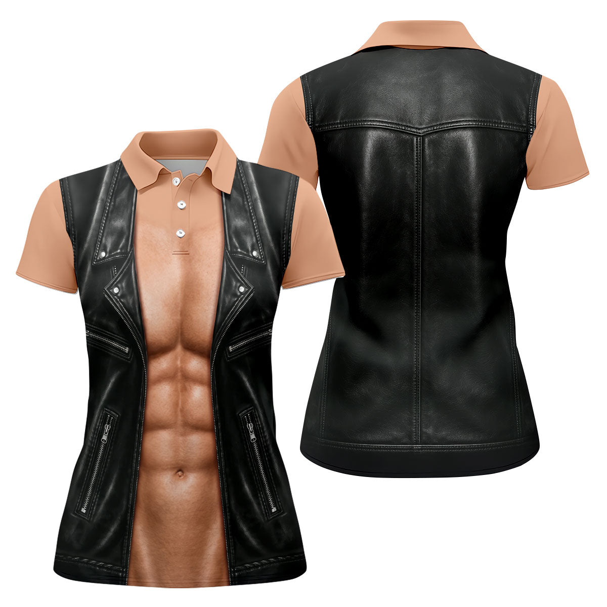 Black Leather Vest Illusion Golf Polo Shirt, Golf Shirts For Women, Women's Golf Polo