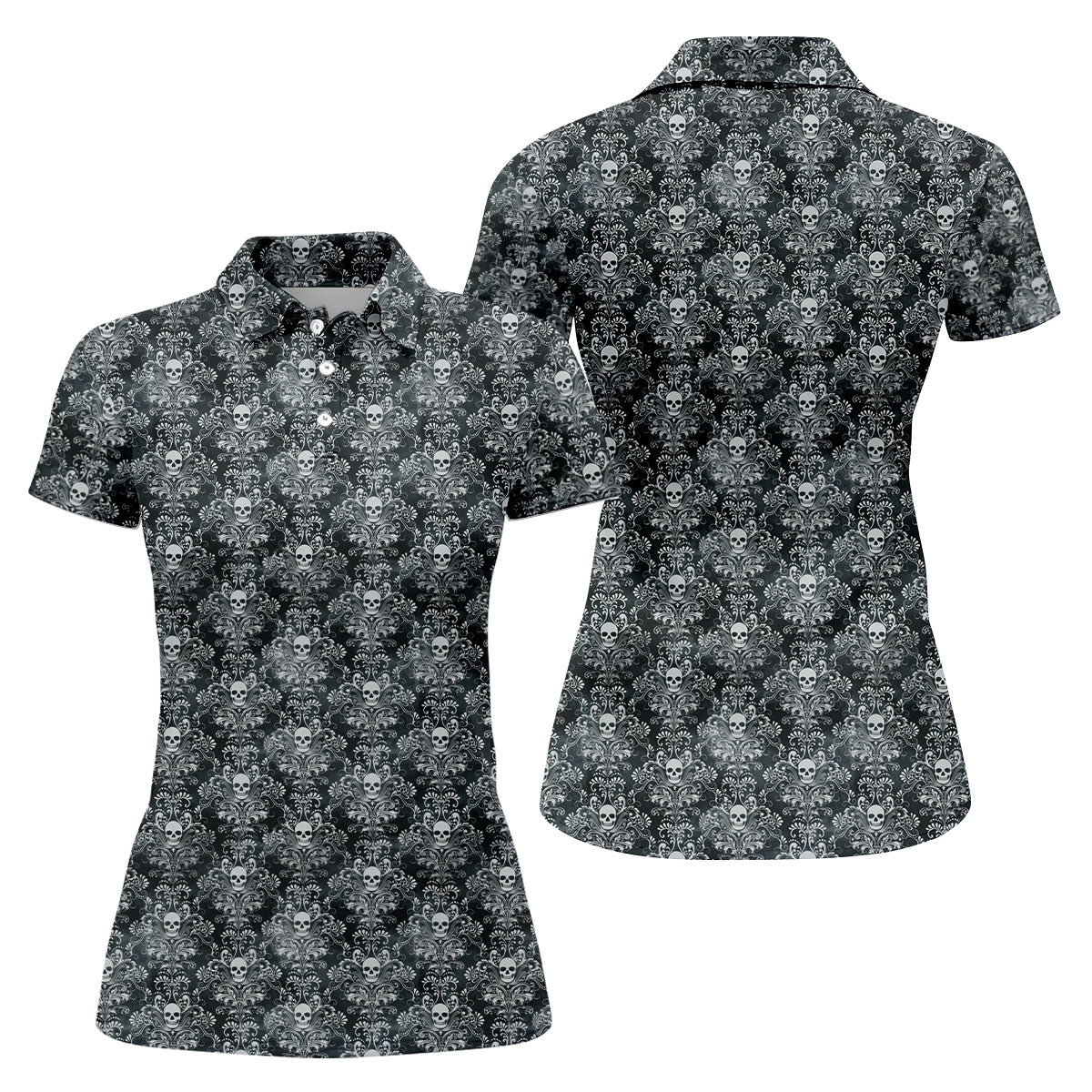 Skull Damask Charcoal Grey Gothic Floral Women Golf Top, Ladies Golf Shirts, Golf Shirt For Women