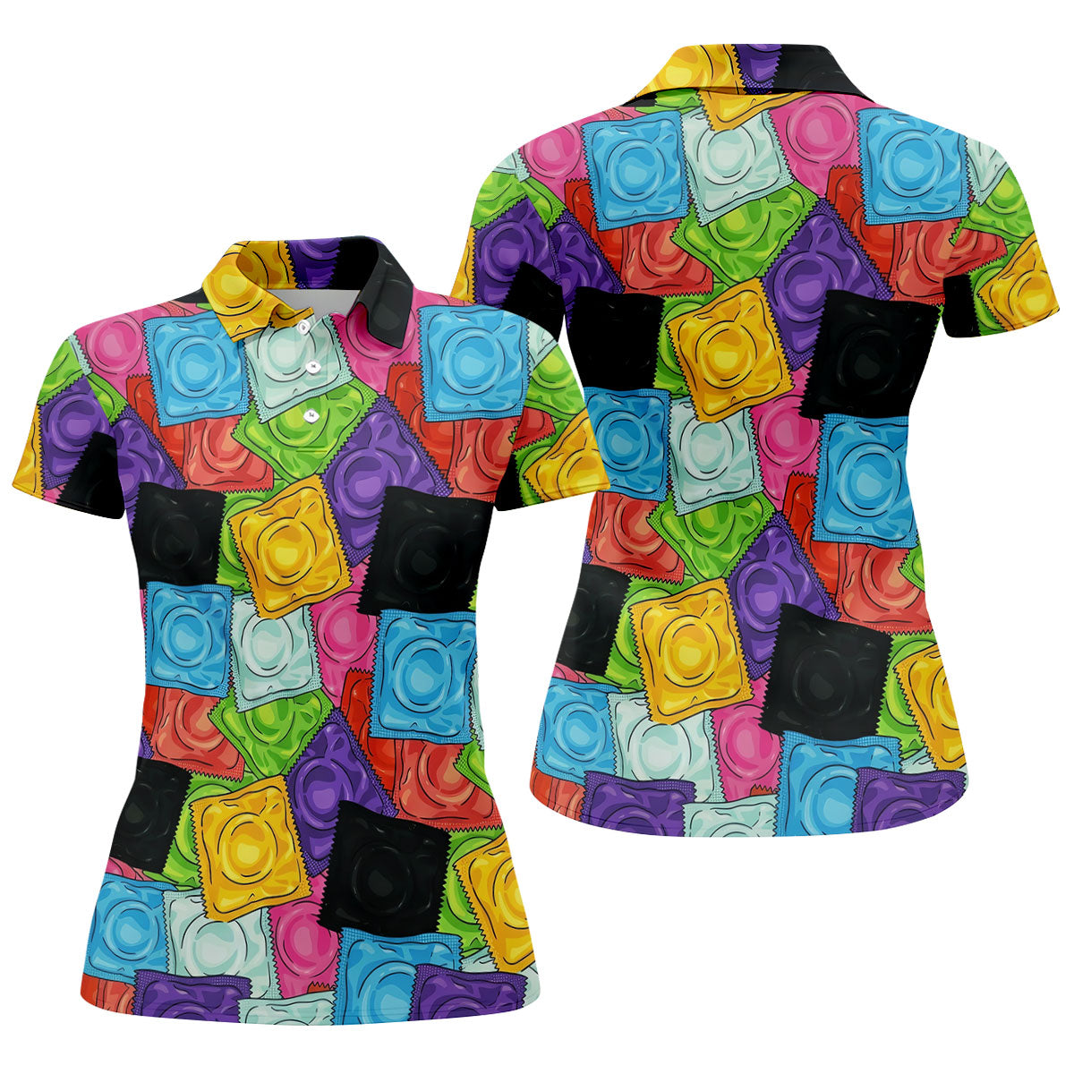 Funny Condom Wrapper Pattern Golf Polo Shirt, Women's Golf Apparel, Printed Golf Shirt