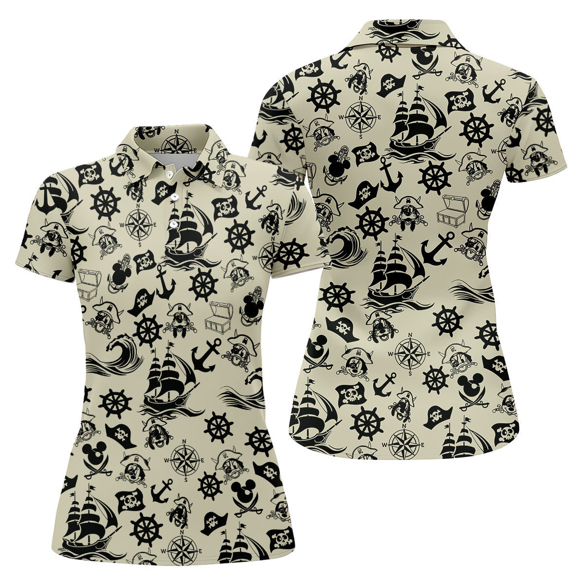 Vintage Pirate Nautical Pattern Golf Polo Shirt, Golf Shirts For Women, Women’s Golf Polo