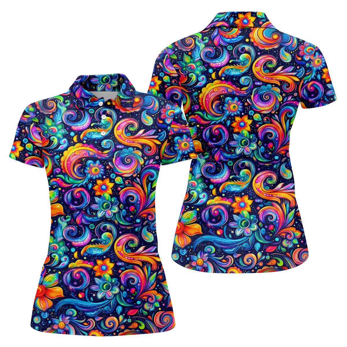 Colorful Psychedelic Swirl Floral Hawaiian Golf Shirt, Women’s Golf Tops, Printed Golf Shirt