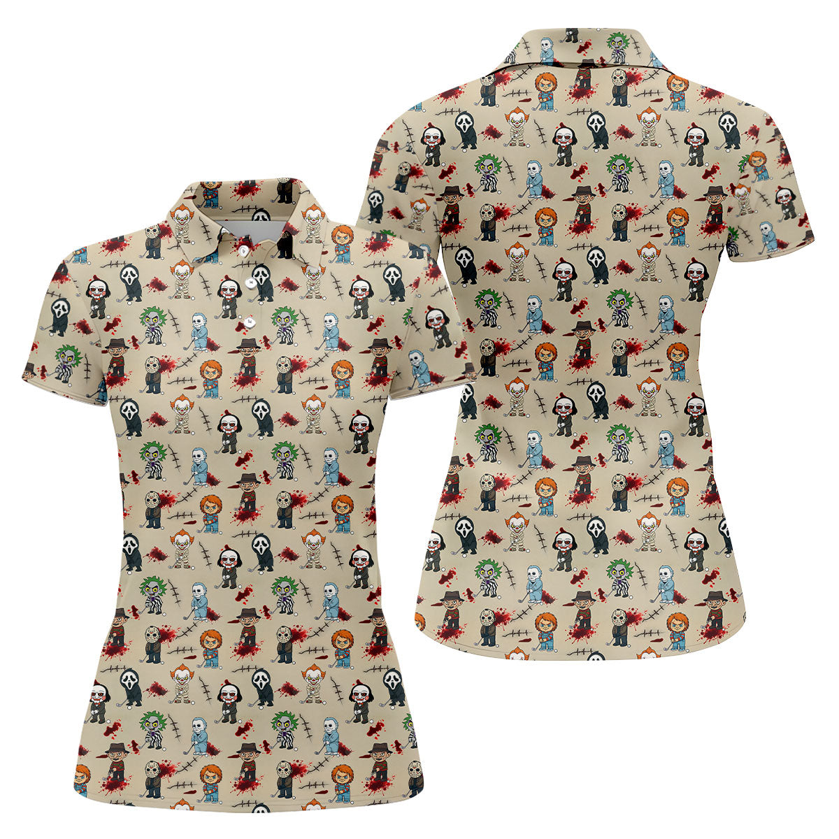 Cute Horror Character Golf Pattern Polo Shirt, Womens Golf Polo, Ladies Golf Shirts