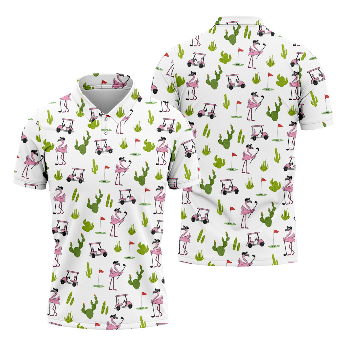 Pink Flamingo Golf Cart Cactus Hawaiian Golf Shirt, Mens Golf Polo, Golf Apparel For Men