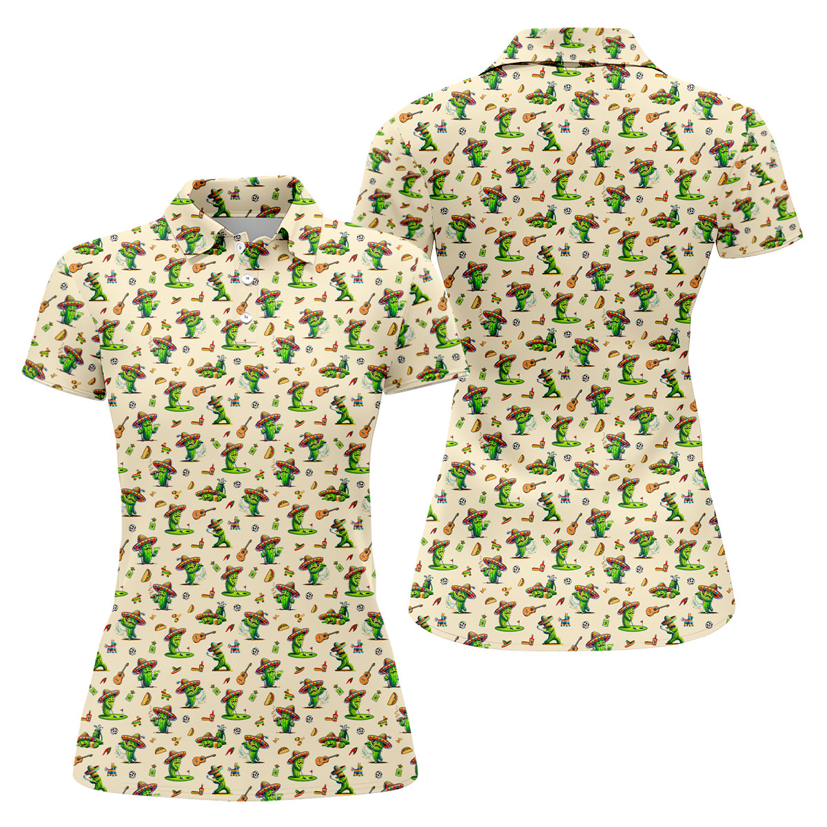 Cartoon Mustach Funny Cactus Cinco De Mayo Celebration Fiesta Themed Beige Golf Shirt For Women