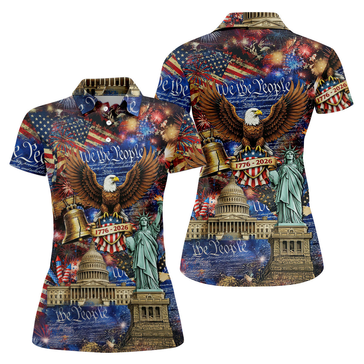 We The People Festive Celebration US Flag Golf Shirt, 250 Years 4th Of July Golf Shirt For Women