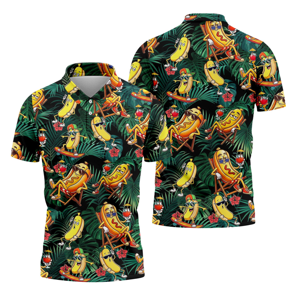 Funny Hot Dog Banana Tropical Hawaiian Golf Shirt, Mens Golf Polo, Printed Golf Shirts