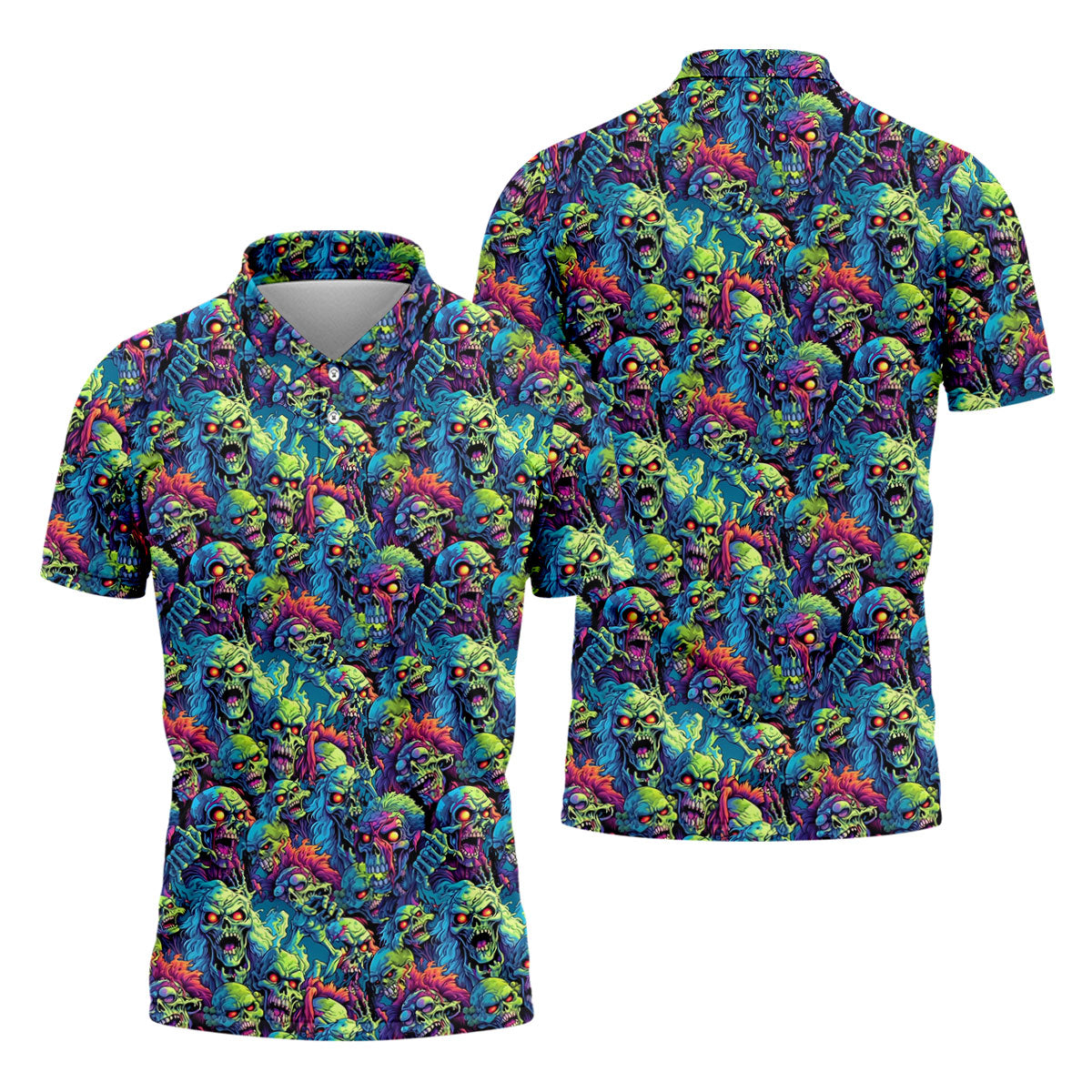 Colorful Zombie Head Pattern Halloween Golf Polo Shirt, Mens Golf Polo, Golf Shirts For Men