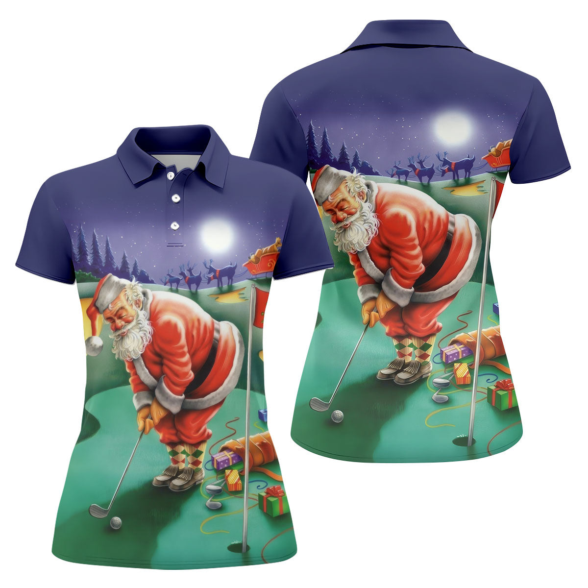 Women's Santa Night Golf Scene Golf Shirt, Christmas Golf Shirt, Women’s Golf Apparel