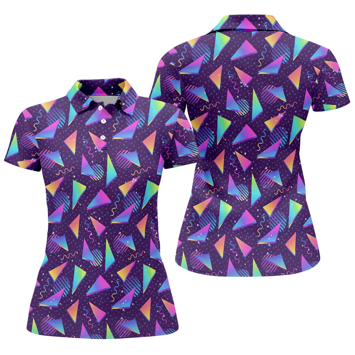 Retro Memphis Geometric Pattern Golf Polo Shirt, Women's Golf Polo, Ladies Golf Tops