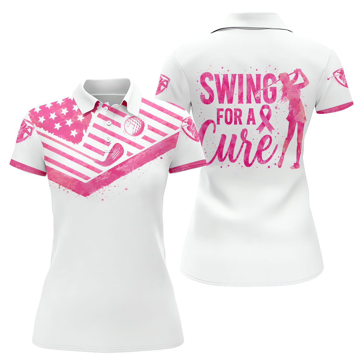 Swing For A Cure Pink Flag Breast Cancer Polo Shirt, Women’s Golf Polo, Ladies Golf Shirts