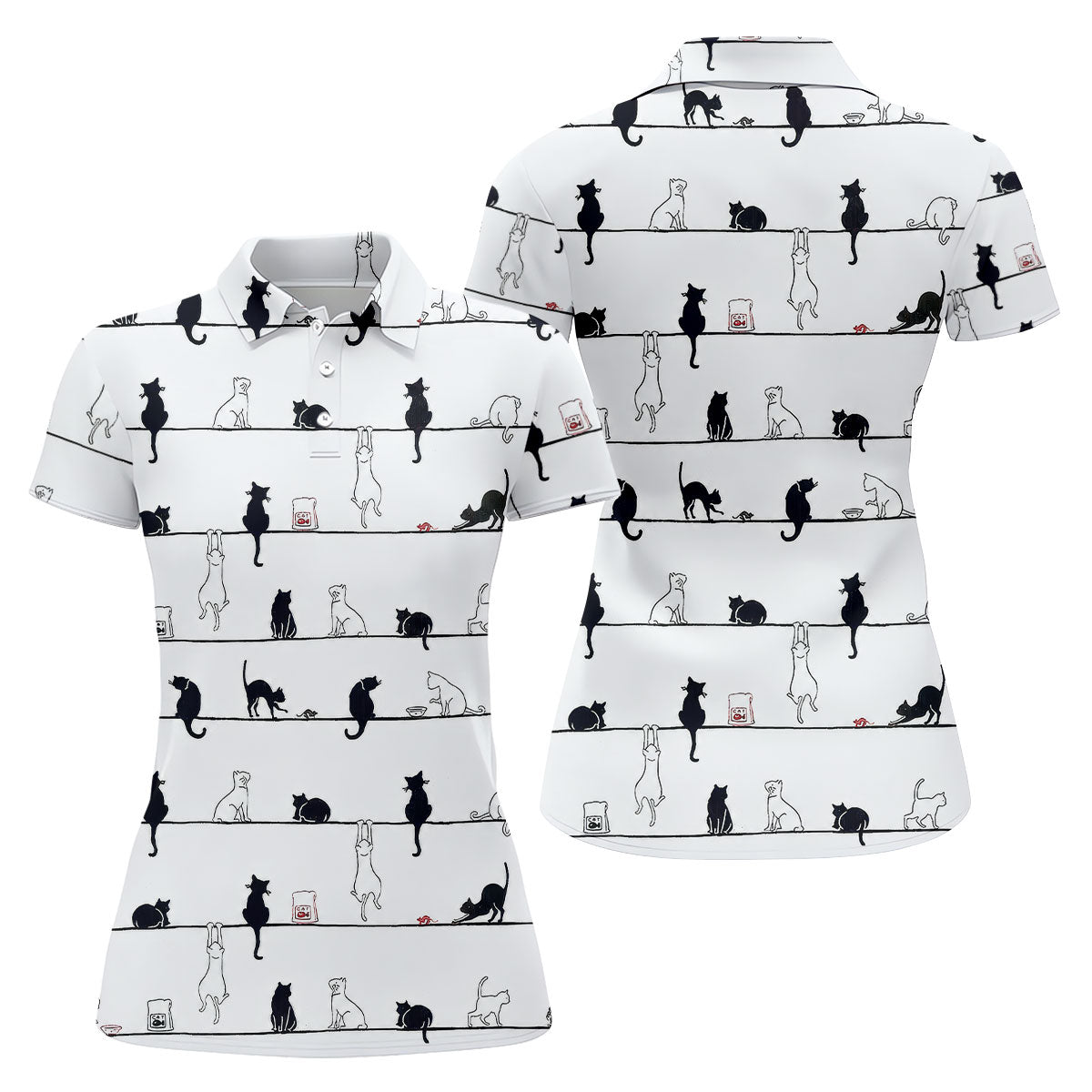 Cute Black and White Cats Pattern Golf Shirt, Women's Golf Tops, Golf Shirts For Women