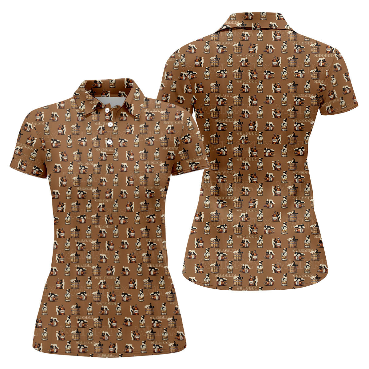 Brown Funny Whiskey Pattern Golf Polo Shirt, Ladies Golf Tops, Women's Golf Polo