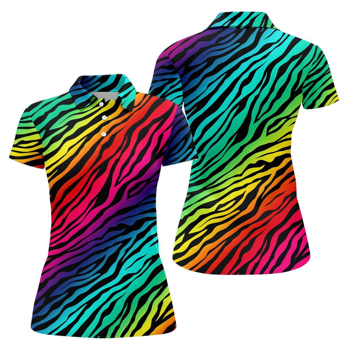 Rainbow Gradient LGBT Support Zebra Pattern Ladies Golf Tops, Pride Month Golf Shirt For Women